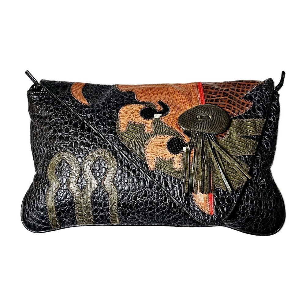 VTG Pinky Crossbody Shoulder Bag Pebble Leather Elephants Tassel Blk 1980s USA! - Picture 2 of 14